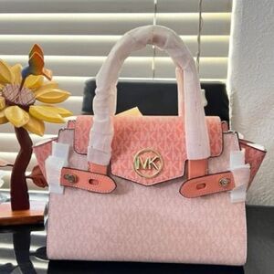Michael Kors Carmen Pink Monogram Satchel with Gold MK Emblem